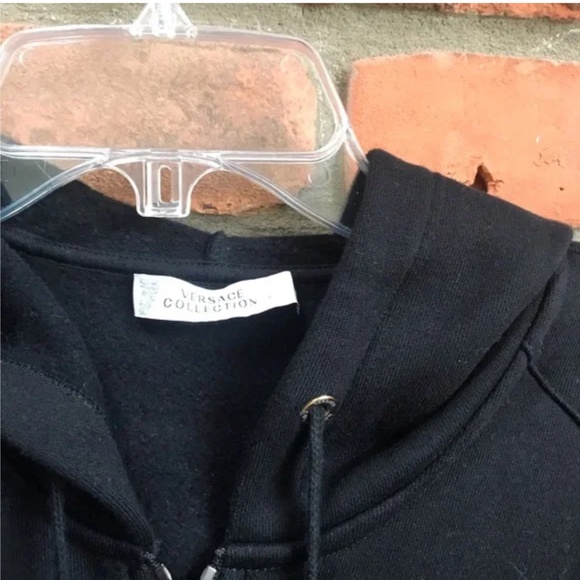 Versace Collection Hoodie Jacket Leather Cotton Sleeves Zip Up Hood Coat Logo MS - Picture 12 of 16